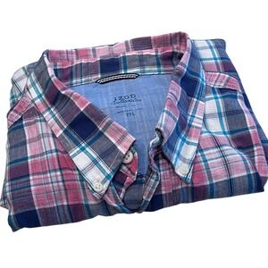 IZOD Saltwater Mens 2XL Blue Plaid Short Sleeve Button Down Shirt Relaxed